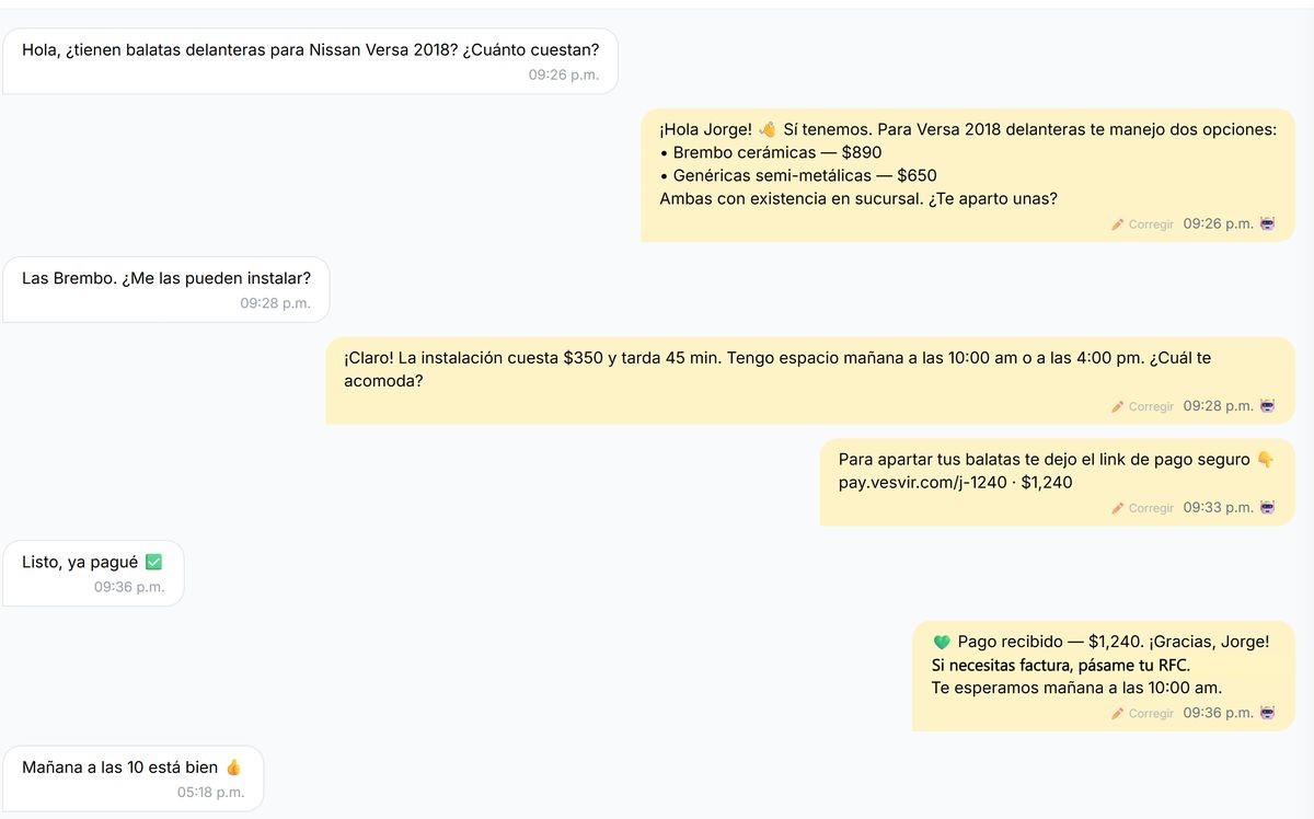 Venta completa por WhatsApp: cotización, link de pago, pago recibido y datos para la factura